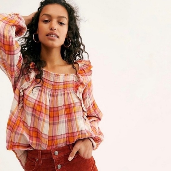 NWT Free People Siena Plaid Smocked Pullover Top In Pink/Orange - Picture 1 of 9